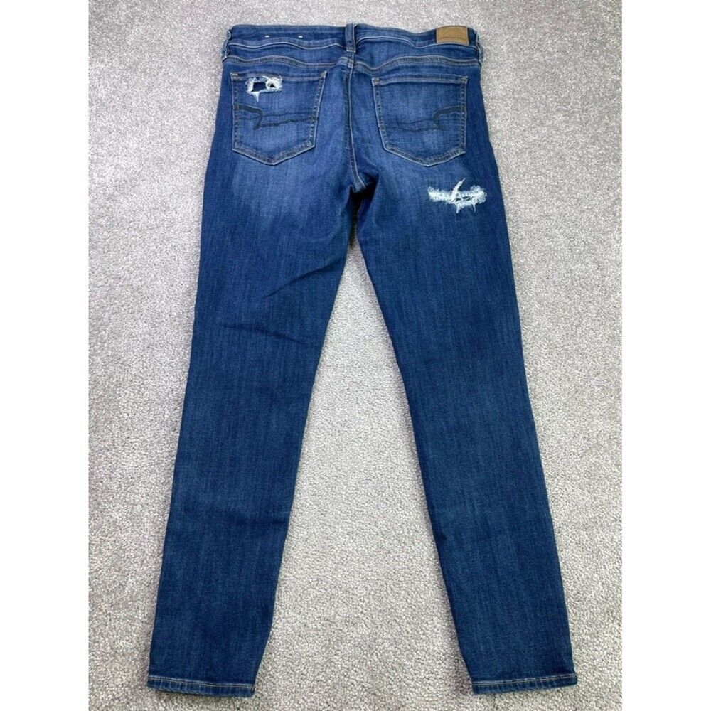 American Eagle Jegging Women’s 12 Blue Skinny Mid-Rise Dark Wash Distressed - Picture 3 of 14